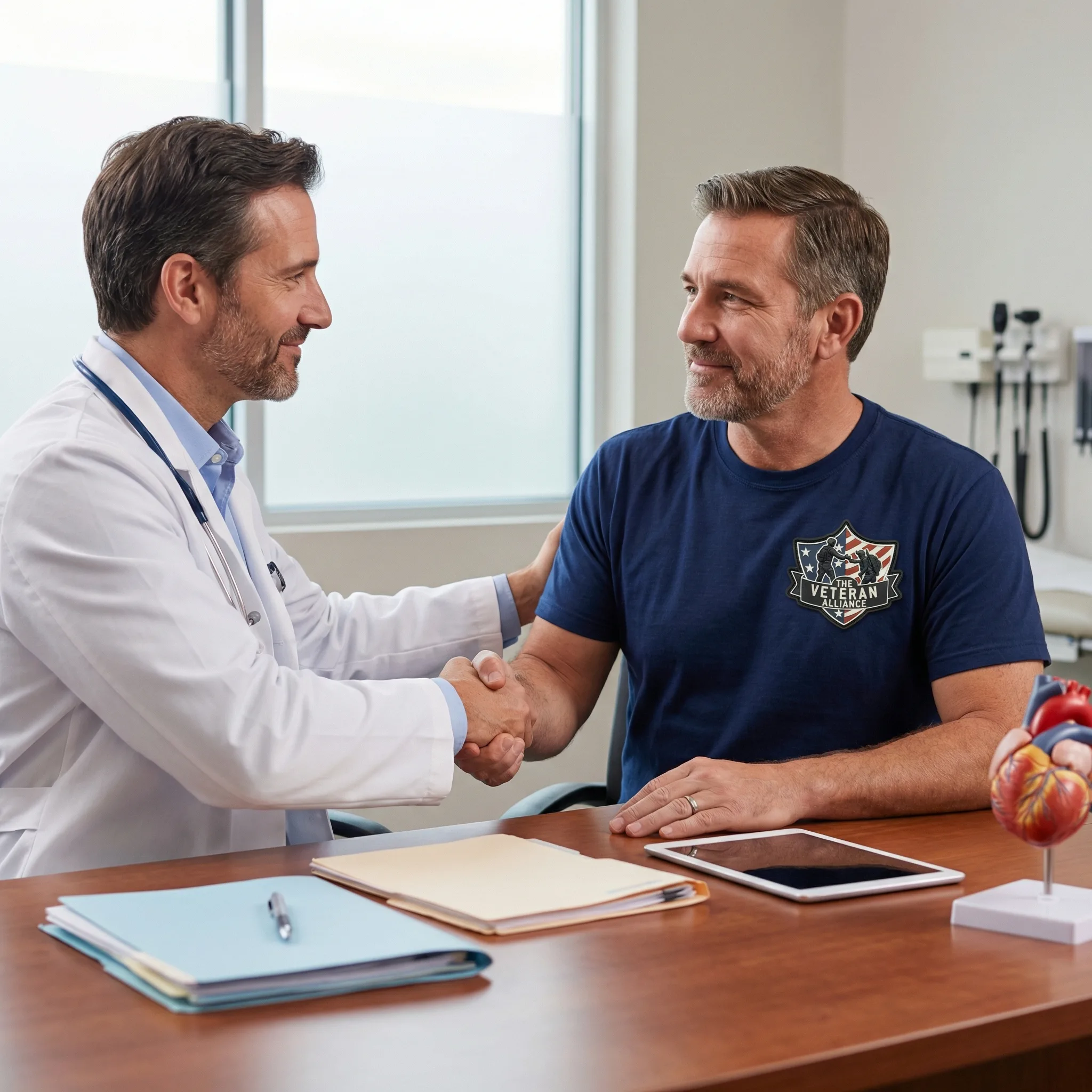 A veteran discussing group health benefits with a healthcare provider