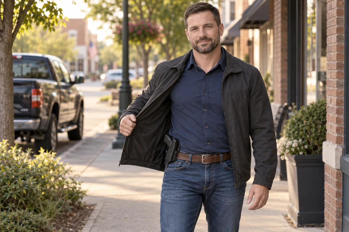 The husband calmly pulls his jacket aside to show a pistol secured in a holster on his belt on a town sidewalk.