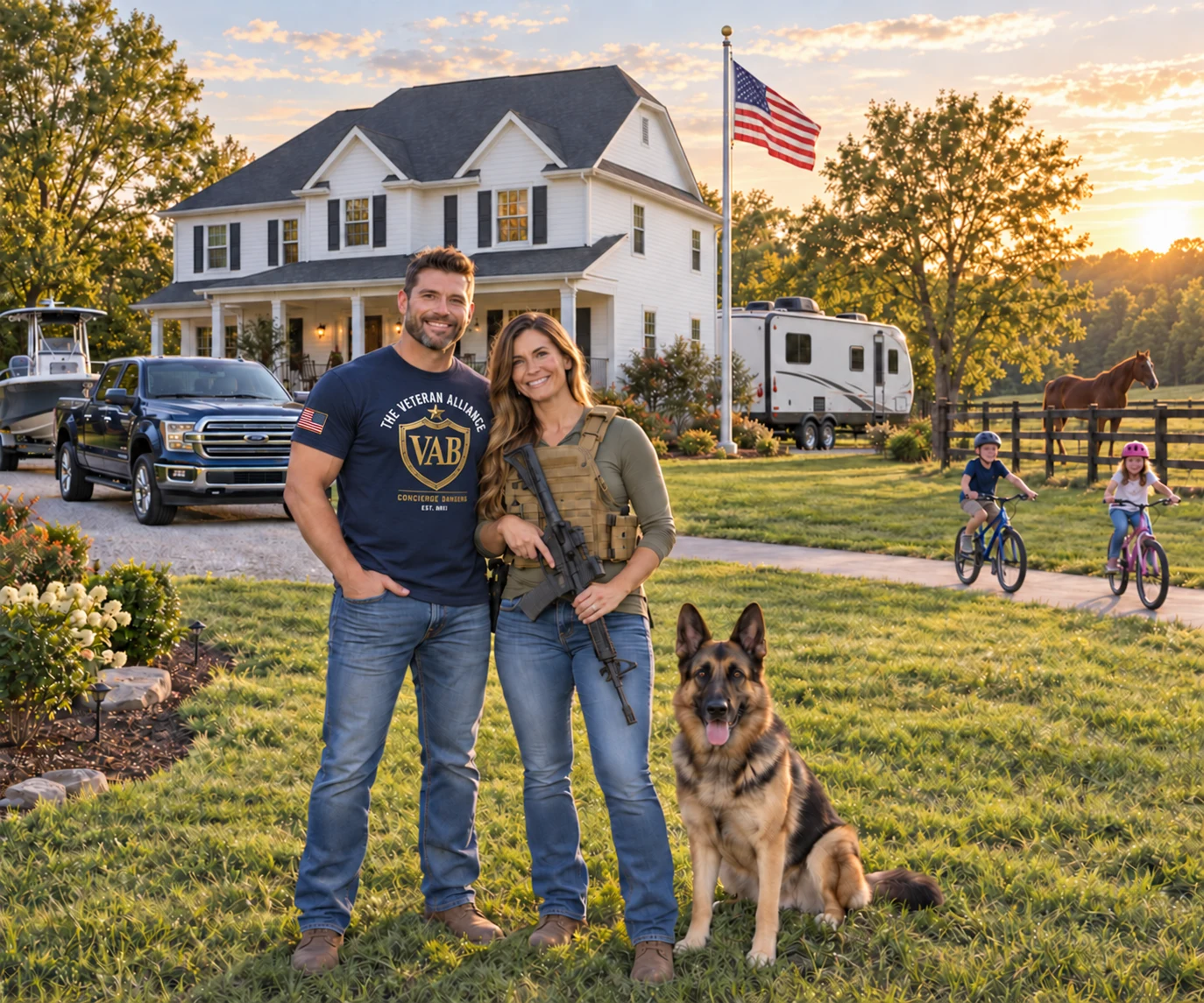 A proud veteran and his wife at home with their truck, boat, RV, jewelry, firearm, German shepherd, horse, and children on bicycles.