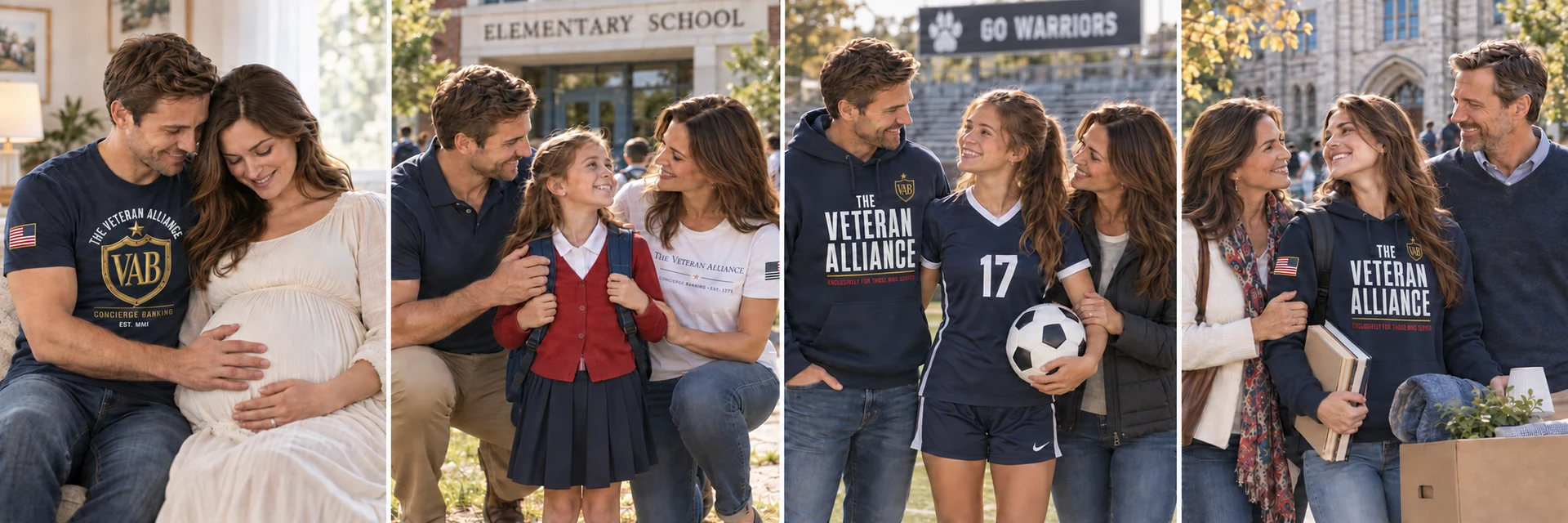 The same family across pregnancy, the school years, a daughter’s varsity soccer ambitions, and college, with parents and daughter wearing Veteran Alliance shirts and hoodies.