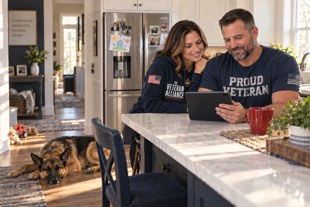 A veteran couple reviewing coverage together in their kitchen