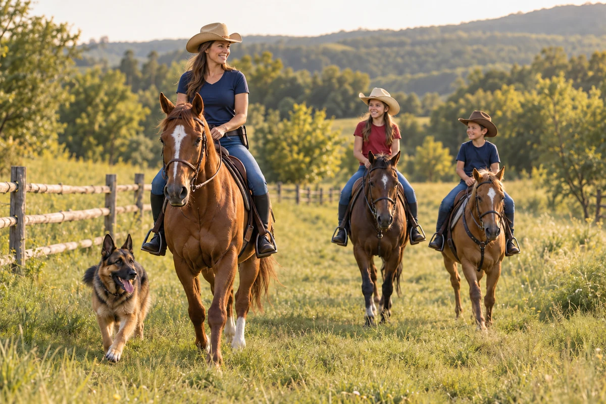 A mother riding with a holstered pistol on her hip, her children following on their own horses, and a German shepherd running alongside