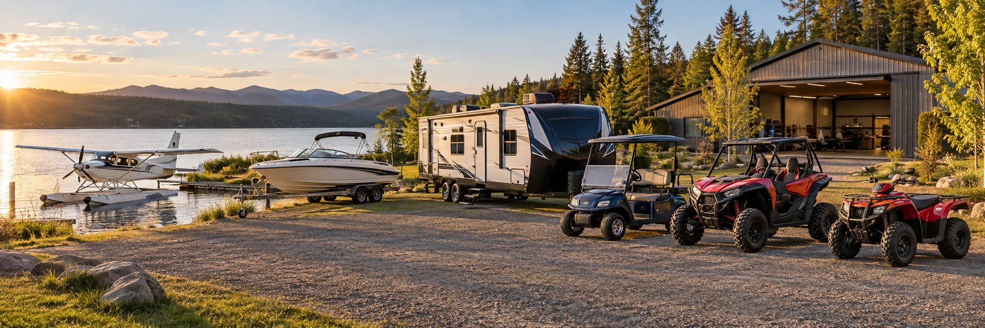 A seaplane tied to the shore, a boat on a trailer, an RV, a golf cart, a side-by-side UTV, and an ATV lined up beside a lakeside hangar.